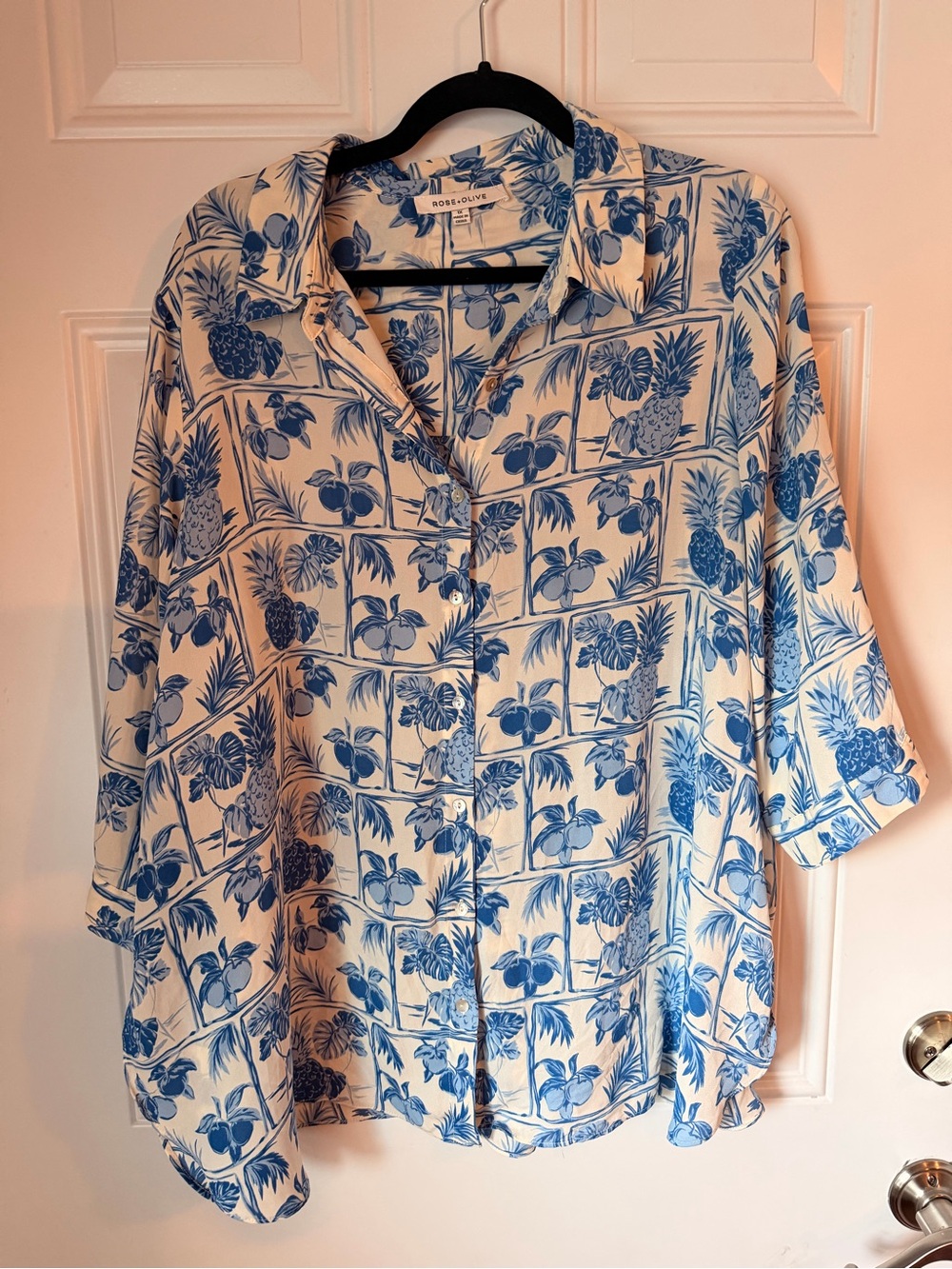 Rose & Olive Blue and Cream Tropical Print Button-Down Shirt